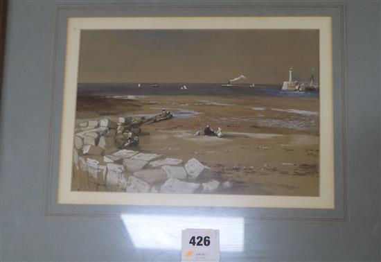 19th century English School, watercolour and gouache, Figures on the shore at low tide at lighthouse beyond,